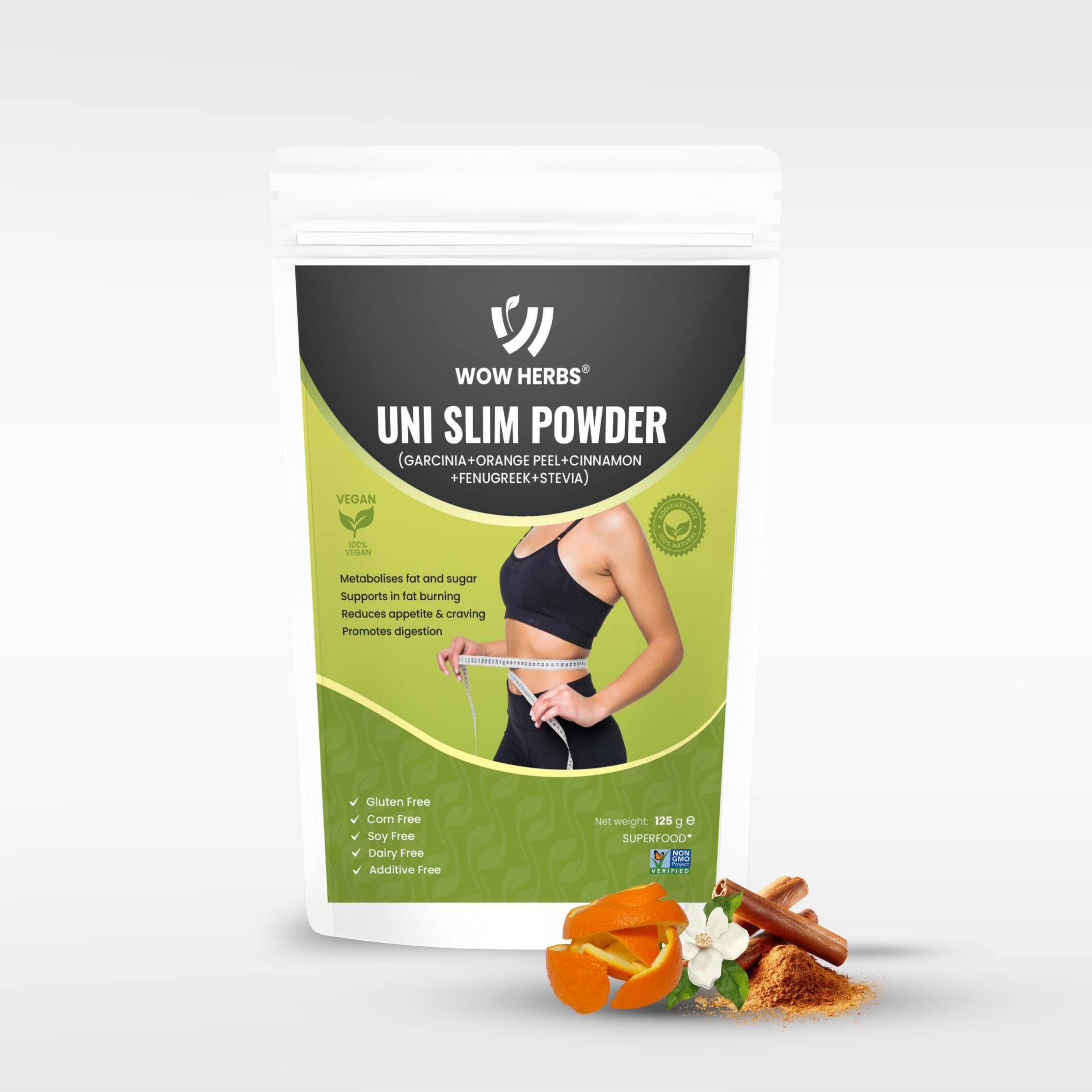WowHerbs Uni Slim Herbal Powder | Garcinia, Cinnamon, Fenugreek & Orange Peel Blend | Vegan Wellness Formula