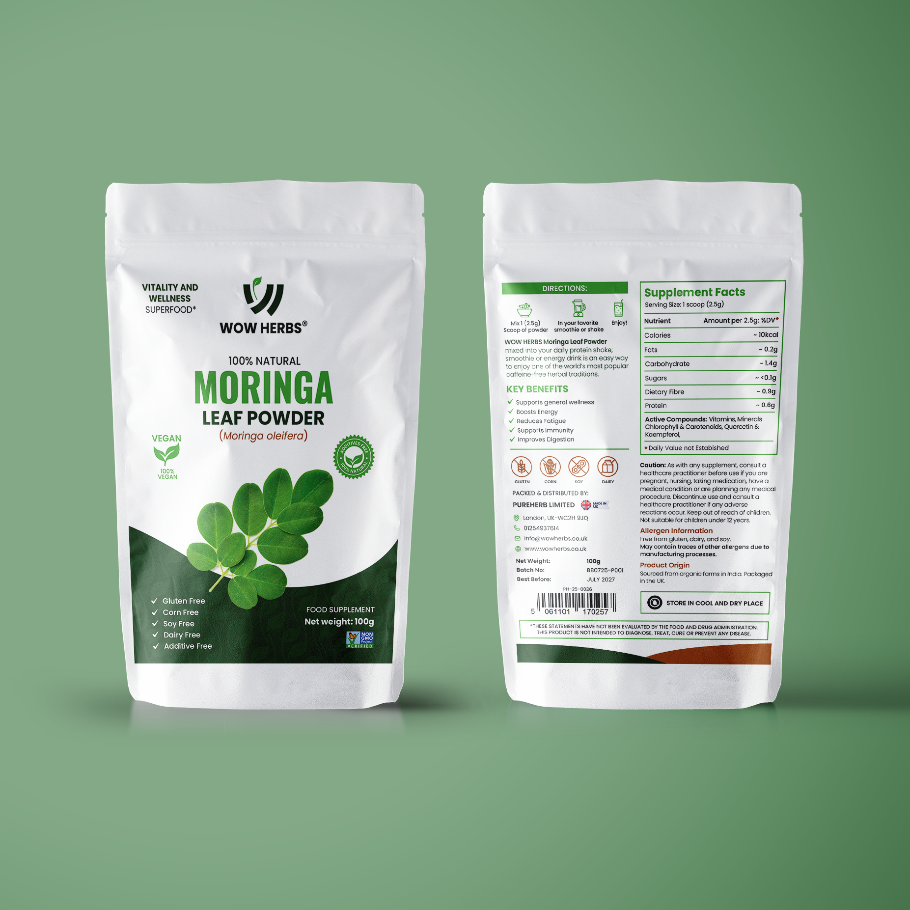 Two packages of Moringa Leaf Powder on a green background