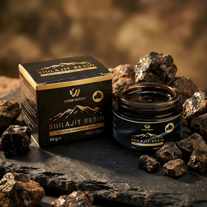 Shilajit resin packaging with natural elements on a dark surface