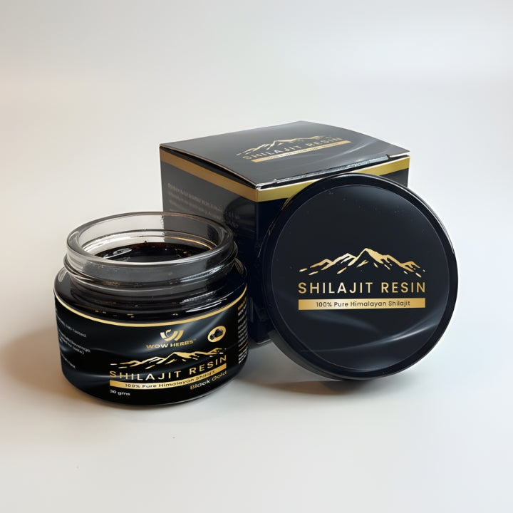 Shilajit resin jar and packaging with 'Shilajit Resin' branding on a light background