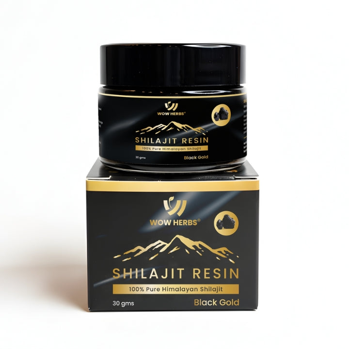 Shilajit resin jar and packaging with Wow Herbs branding on a white background