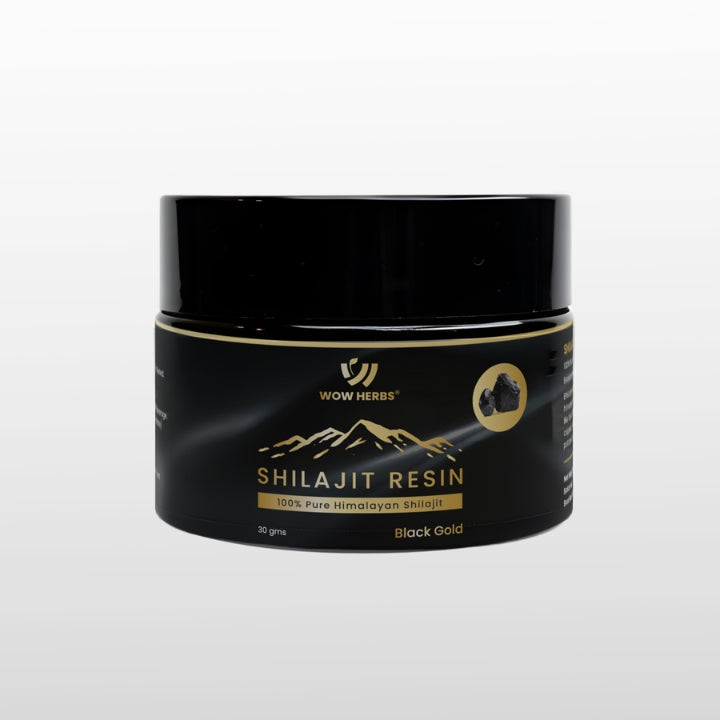 Black container of Shilajit Resin with Wow Herbs branding on a white background