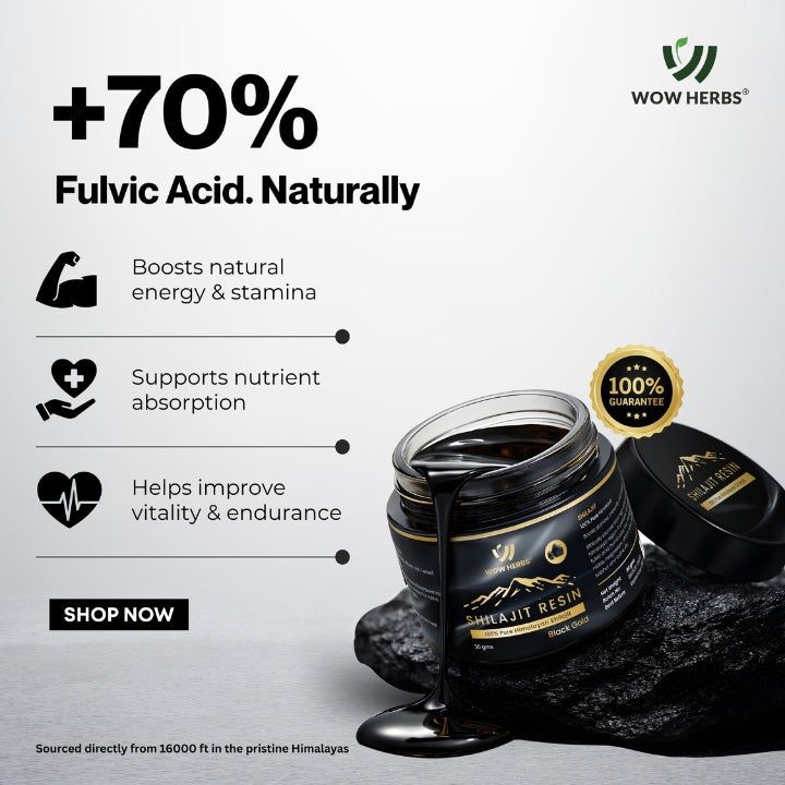 Promotional graphic for Wow Herbs Fulvic Acid product with jar and text on a light gray background