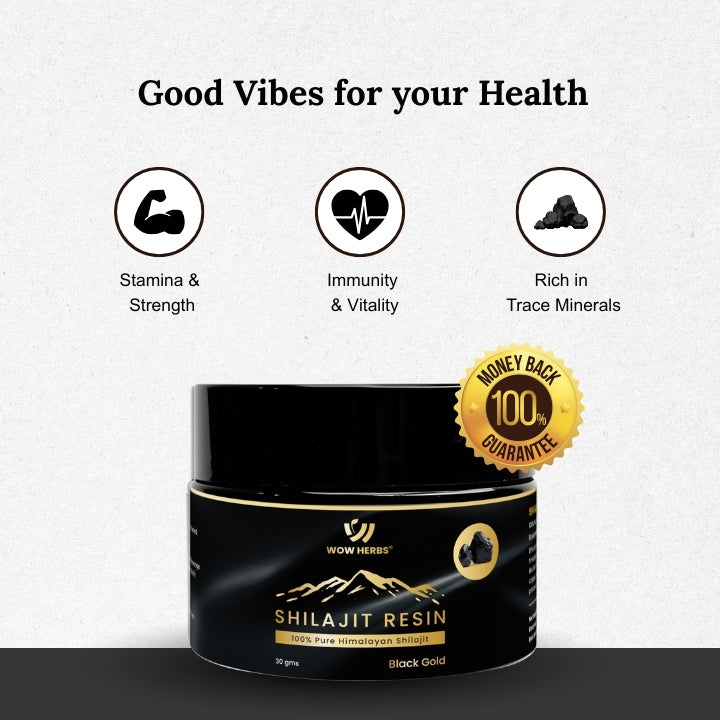 Shilajit resin container with health benefits on a white background