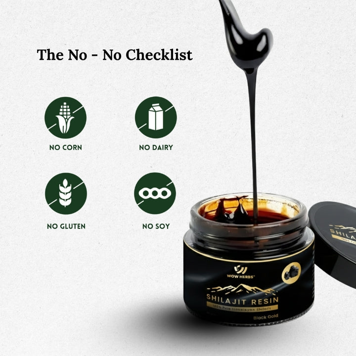Shilajit resin jar with no-no checklist on a white background
