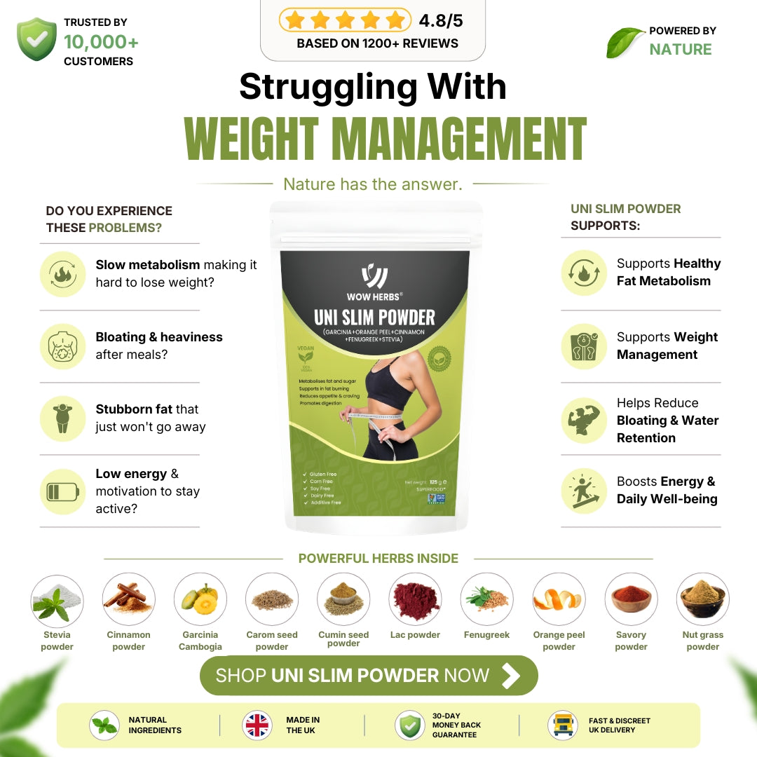 WowHerbs Uni Slim Herbal Powder | Garcinia, Cinnamon, Fenugreek & Orange Peel Blend | Vegan Wellness Formula