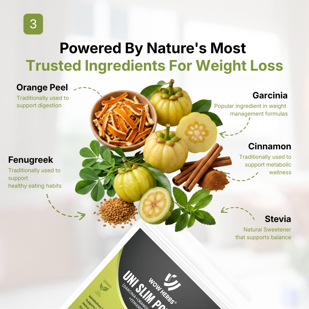WowHerbs Uni Slim Herbal Powder | Garcinia, Cinnamon, Fenugreek & Orange Peel Blend | Vegan Wellness Formula