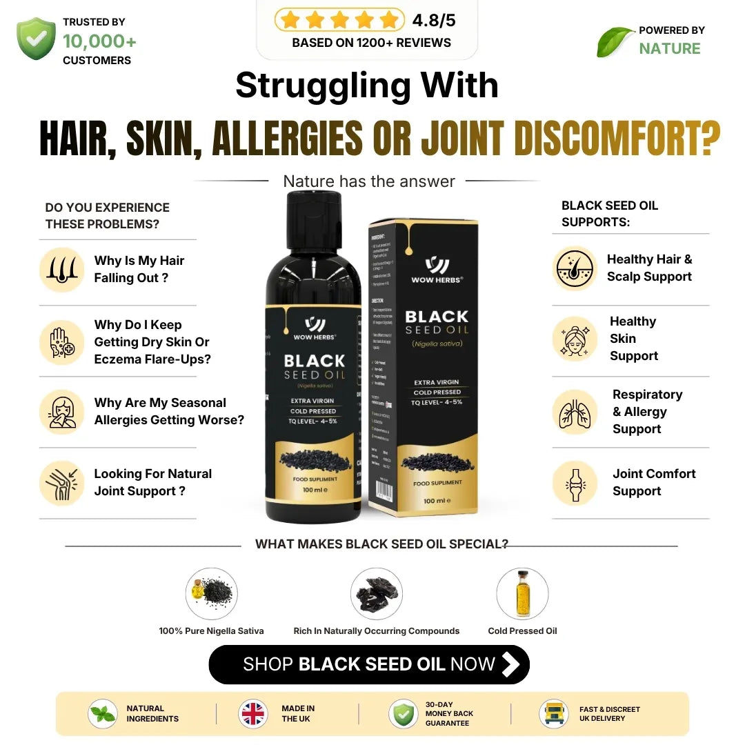 Black Seed Oil UK | Cold Pressed Nigella Sativa Oil | 4-5% Thymoquinone | Wow Herbs